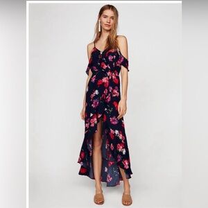 Navy blue & floral front slit max dress